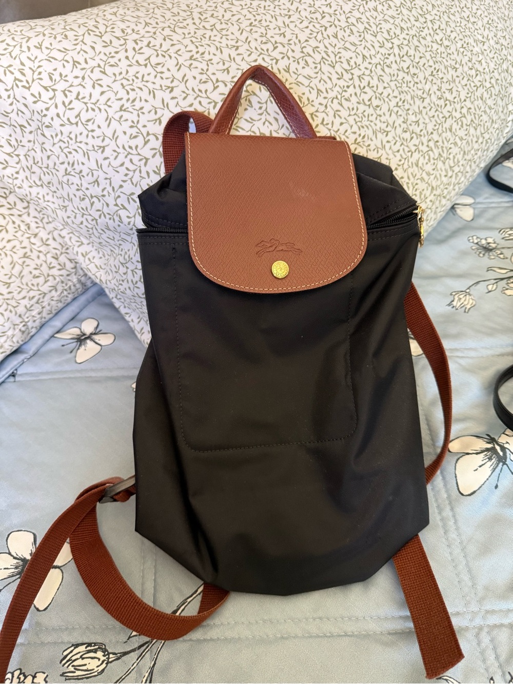 Longchamp Black Backpack with Brown Trim